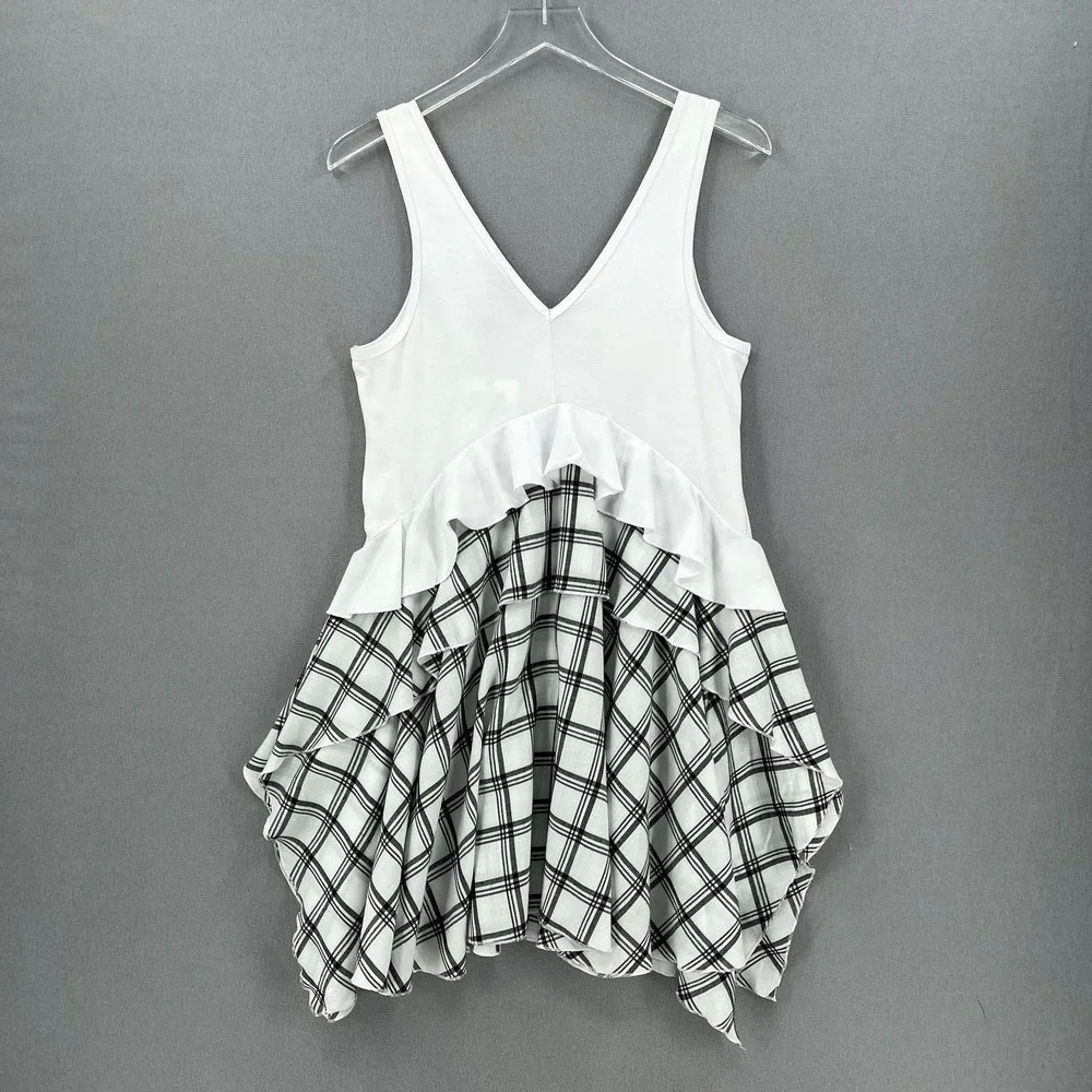 OPENING CEREMONY Dress Womens Small White Black Sleeve Plaid Ruffle Skater NWT - Picture 3 of 16